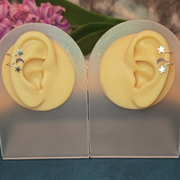 Sterling Silver Cuff Star and Moon Earrings - Picture 2 of 4